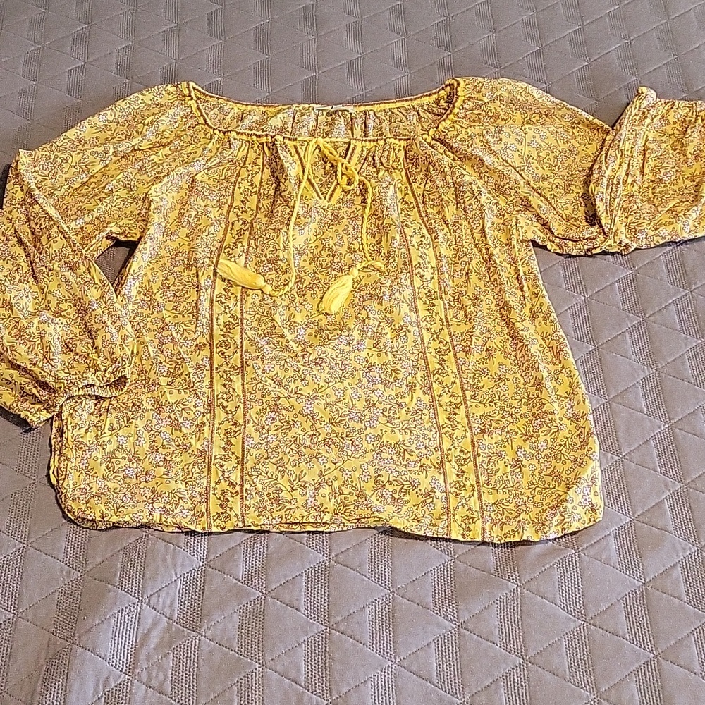 Max Studio Yellow Floral Peasant Top - Boho 3/4 Sleeve Size M